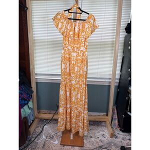 Cafe Press Yellow White Scroll Print Off Shoulder Tiered Maxi Dress XL Boho